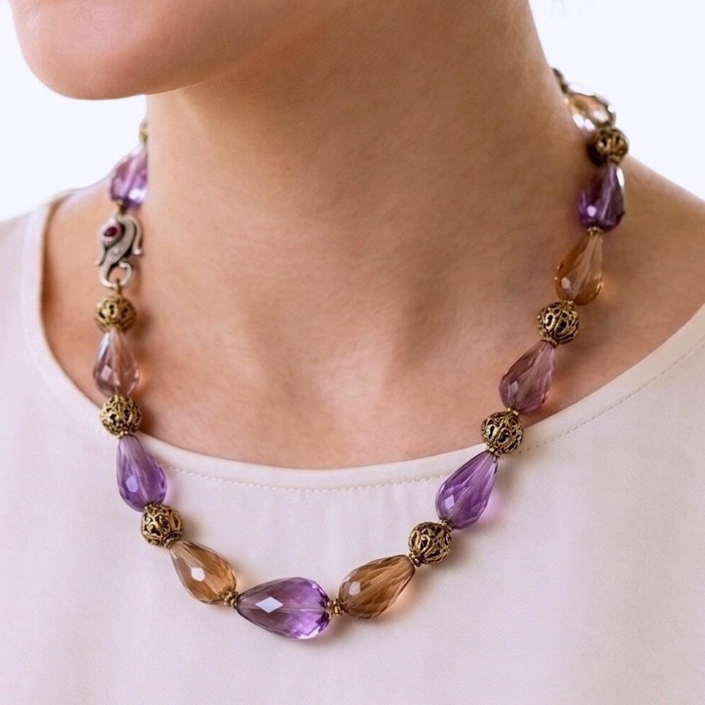 Vintage Sterling Silver 925‎ Natural Ametrine Amethyst Briolette Clasp Necklace